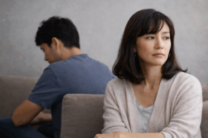 ソファの両端で背を向け合い、遠くを見つめる日本人夫婦。物理的な距離以上に心の距離が開いてしまい、お互いに何を話せばいいのか分からなくなっている修復困難な空気感のイメージ。