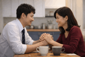 ダイニングテーブルで夫の手を優しく握り、穏やかな笑顔で見つめ合う40代の日本人女性。心の距離が縮まり、お互いの本音を温かく受け入れ合えるようになった、夫婦関係修復後の幸せなコミュニケーションのイメージ。