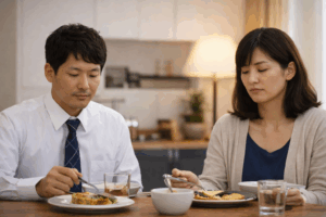 食卓で会話もなく伏し目がちに食事をする40代の日本人夫婦。同じ空間にいても心の距離を感じ、本音が言えないことへの虚しさや、冷え切った夫婦関係の日常を象徴するイメージ。