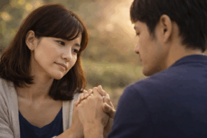 夫婦関係の悩みに疲れ果て、テーブルで頭を抱えて深く落ち込む40代の日本人女性。会話が続かず、修復への希望が見えない孤独感や絶望感を感じている心理的なイメージ。