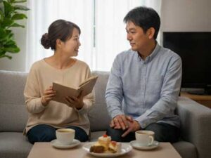リビングでコーヒーを飲みながら、穏やかに本音で会話を楽しむ40代日本人夫婦。お互いの目を見て話し、心の距離が縮まった温かい空気感の日常風景。