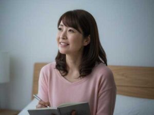 自分の会話パターンをノートに書き出し、客観的に自分を見つめる40代女性。夫が心を閉ざした状況を打開し、夫婦関係修復と円満な再構築に向けて前向きに会話の改善に取り組む様子。