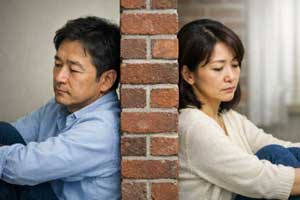 話しかけても黙る夫と背中合わせの夫婦の様子｜不倫後に沈黙する夫の心理と防衛機制、男女の感情処理の違いによるすれ違いを示すイメージ