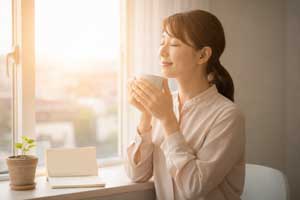 朝日の光の中で穏やかな表情を浮かべる女性のイメージ｜夫と話ができない苦しさから抜け出すために深呼吸で安心感を取り戻し、夫が心を閉ざす心理や男女の脳の違いを理解して夫婦関係修復へ進む姿を表現