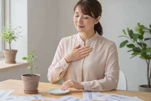 胸に手を当てて深呼吸する女性の様子｜夫婦関係修復において夫のつながる神経を活性化させるための3回呼吸ワークと腹側迷走神経を整えるセルフケアのイメージ、不安を落ち着かせ安心感を取り戻す方法を表現