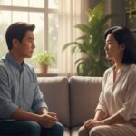 日本人40代夫婦が、相手は何を考えているのだろうかとお互いに推測をしている、このまま話をして大丈夫なのか、どちらも確信が持てず黙ったままの様子の写真。